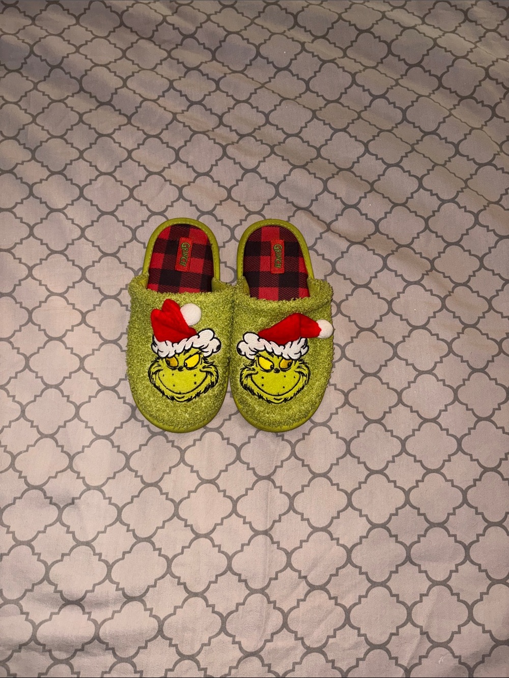 Kids Grinch Green Holiday Slippers with Red Accent